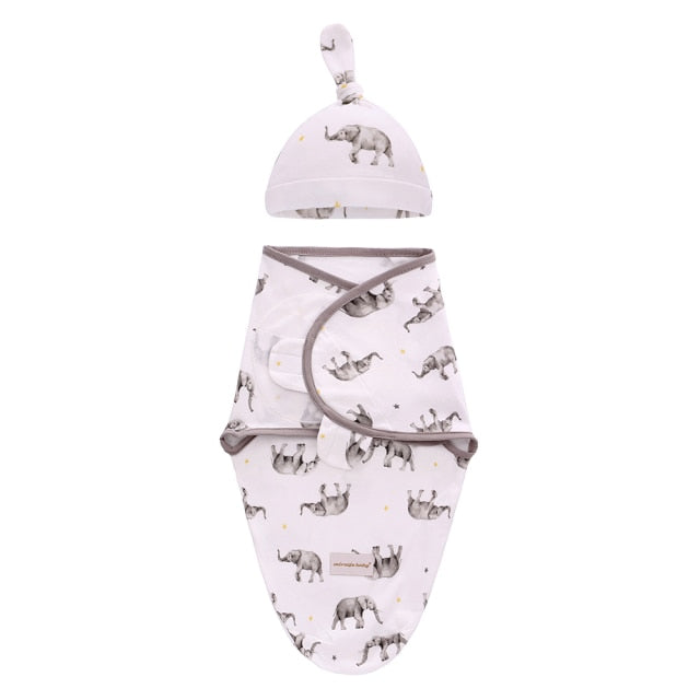 Baby Elephant Print Swaddle Blanket & Cap